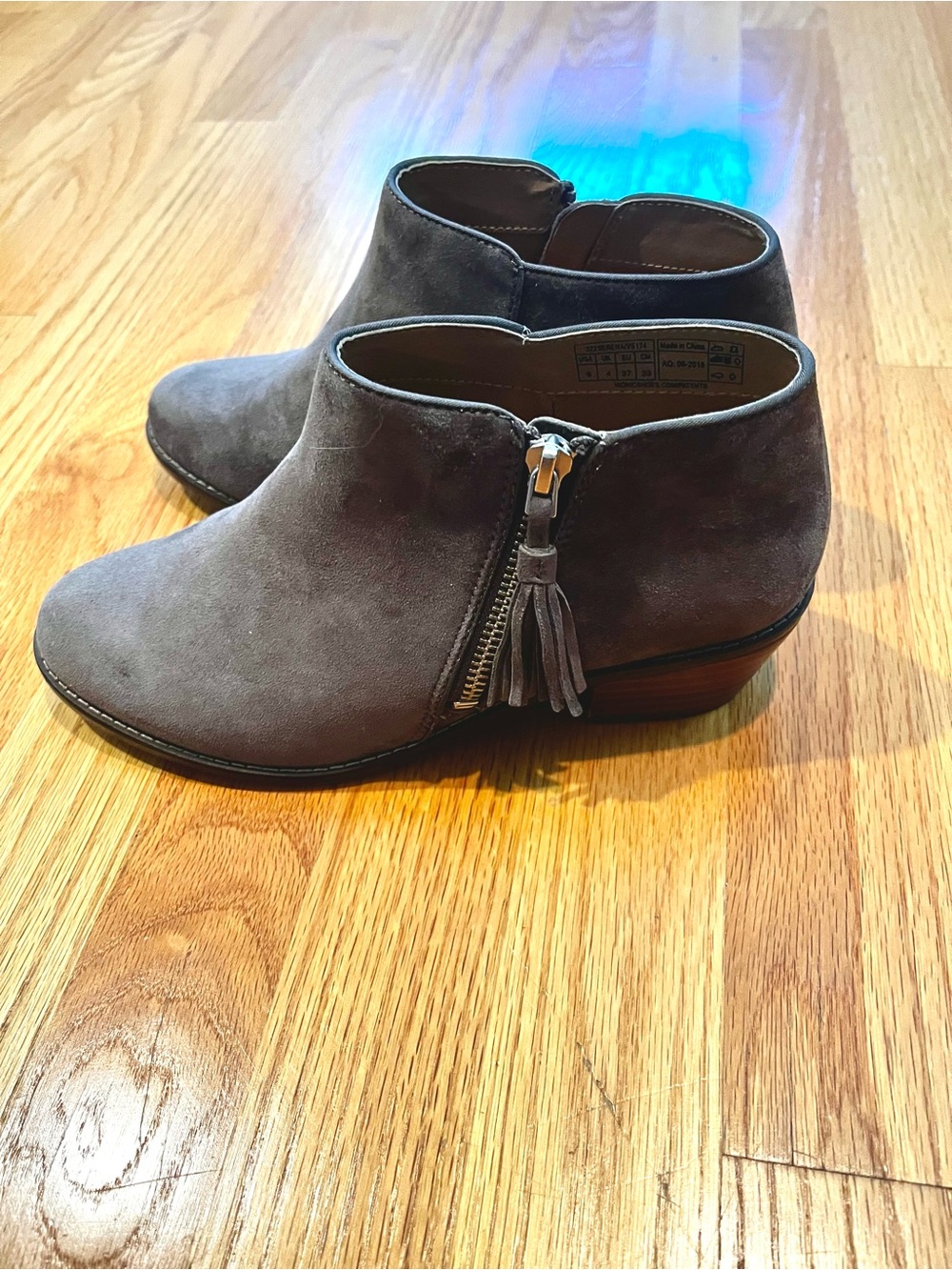 Vionic Gray Suede Tassel Zip Ankle Booties